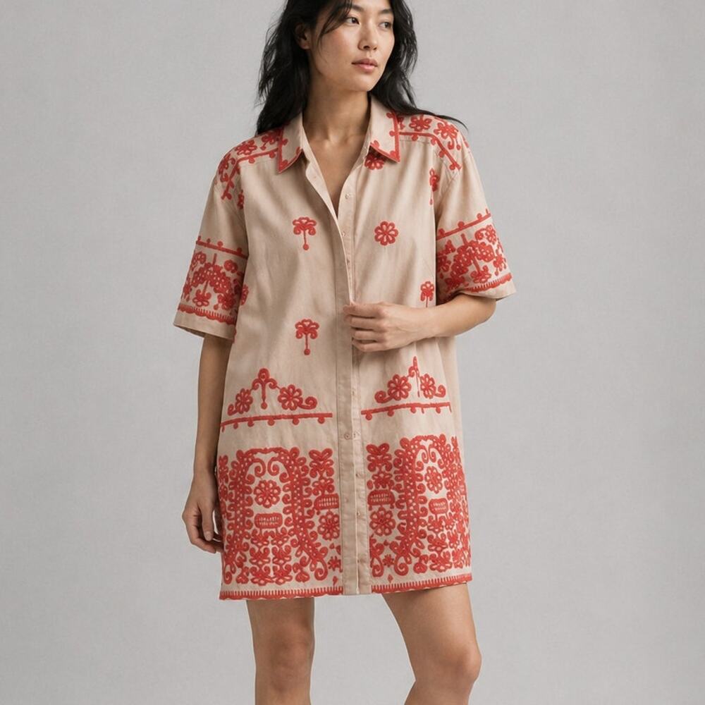 Anthropologie Maeve Short-Sleeve Mini Shirt Dress XL Orange Floral Embroidered